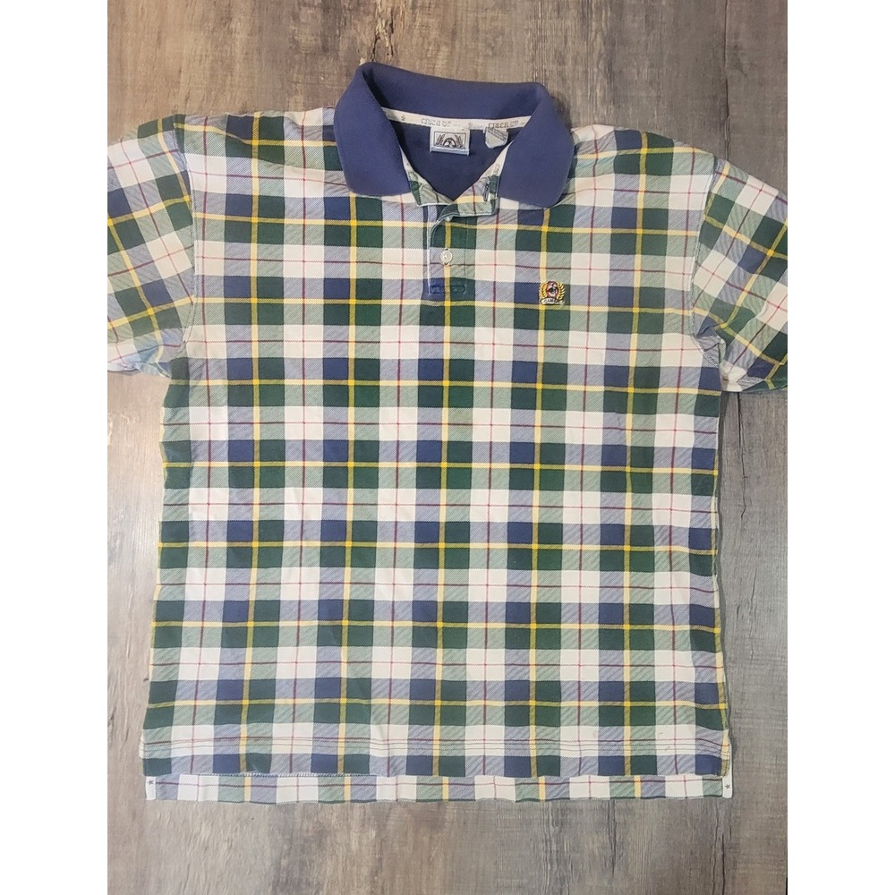 Cinch Mens Plaid Polo Shirt Green Blue Yellow Cotton Short Sleeve M203380 L